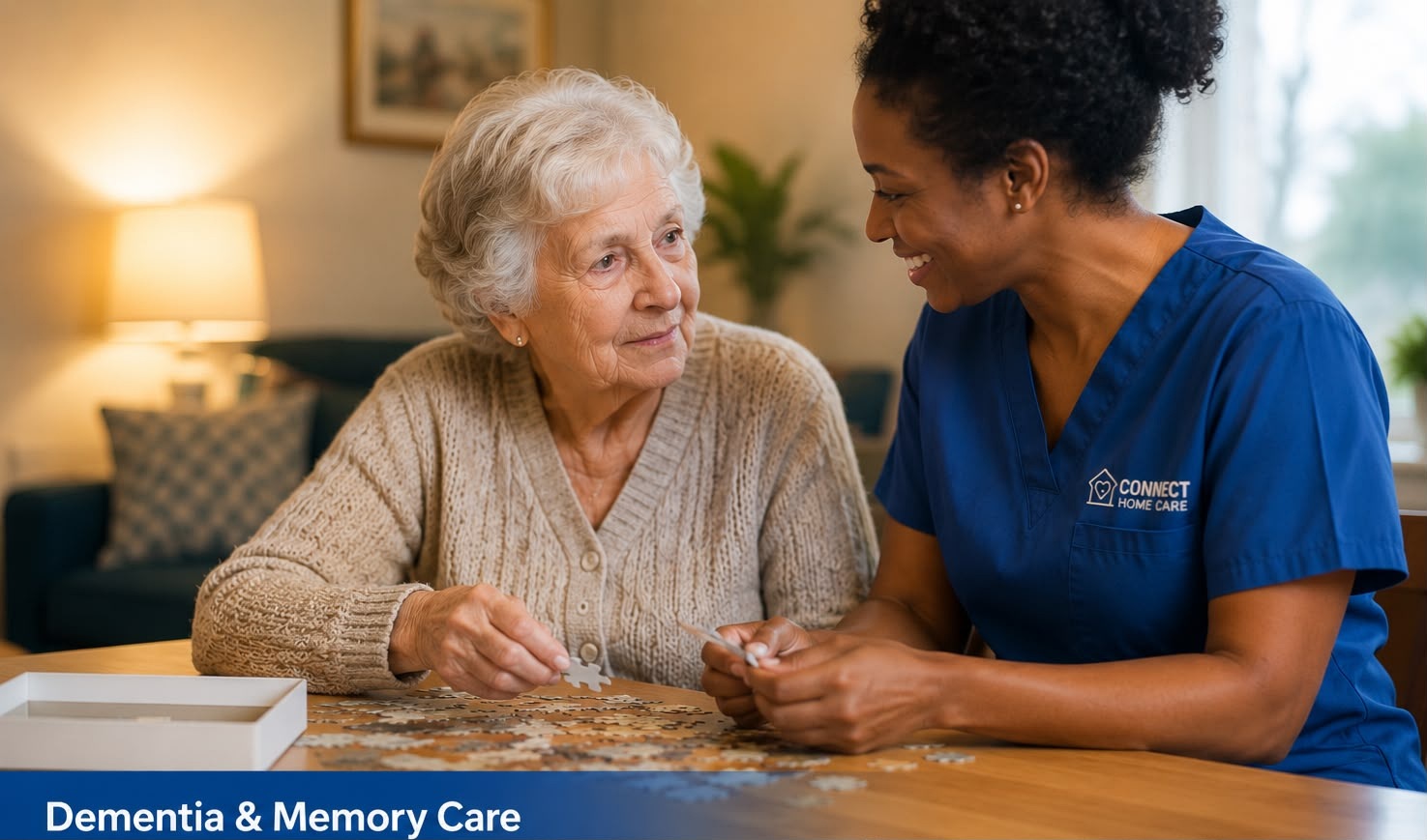Caregiver doing puzzle with elderly person dementia care