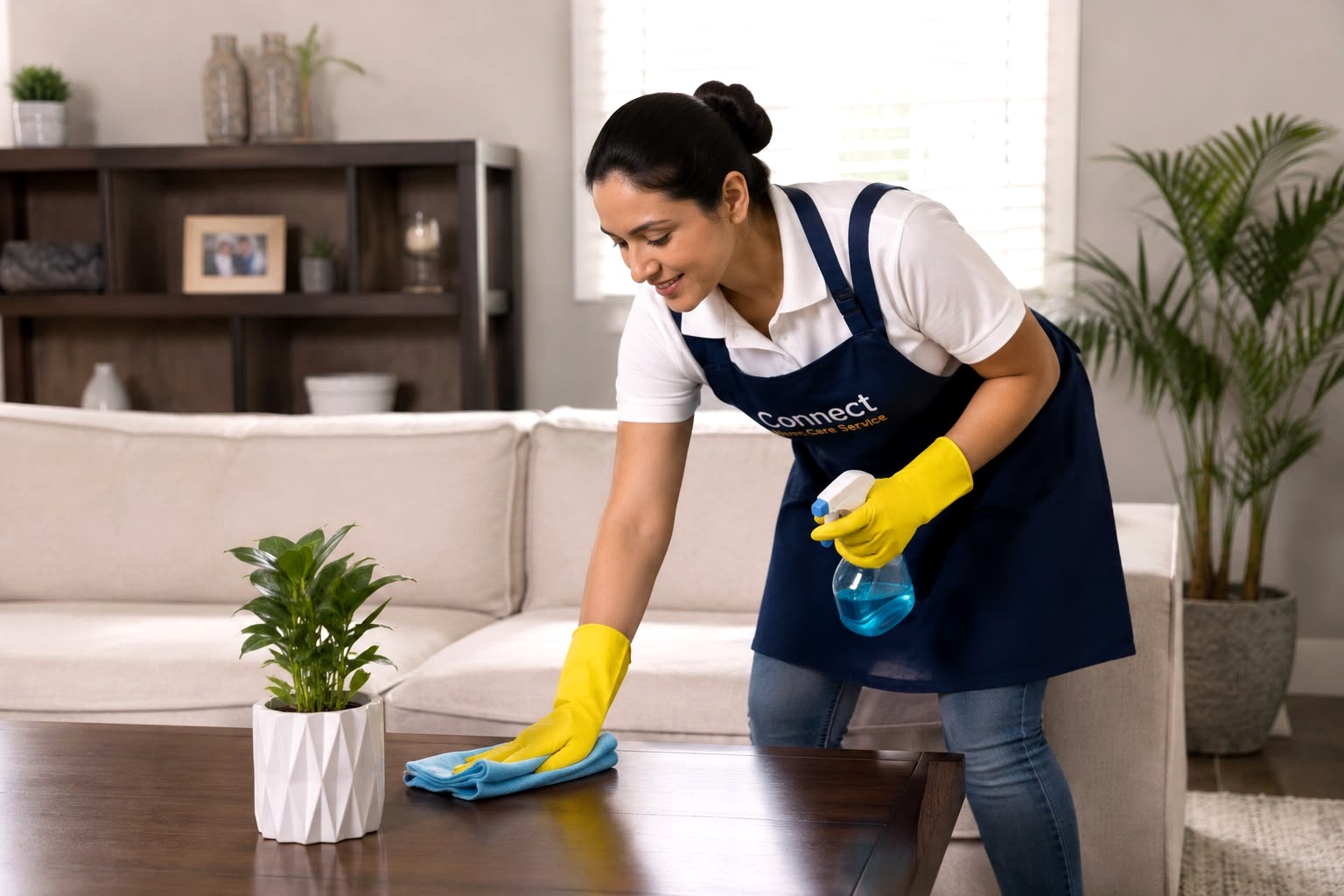 Professional caregiver cleaning home